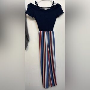 No Boundaries Multicolor Stripe W Navy Off The Shoulder Top Jumpsuit Size XS (1)